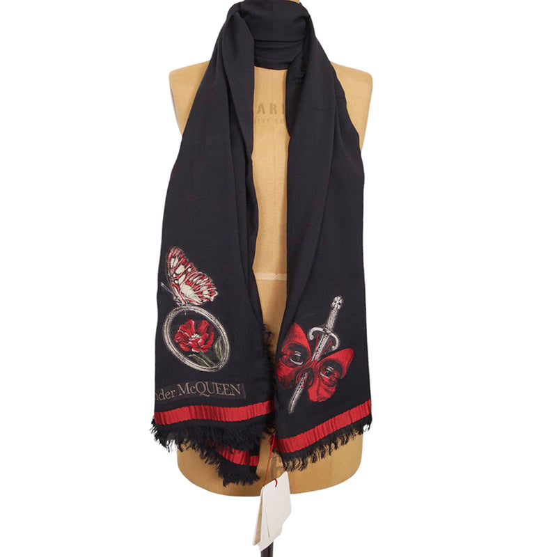 NEW $570 ALEXANDER MCQUEEN Black BELOVED SKULL DAGGER BUTTERFLY Wispy SCARF