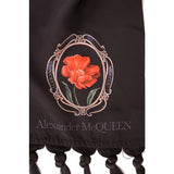 NEW $530 ALEXANDER MCQUEEN Black Silk BIRD & FLOWER CAMEO PRINT Tasseled SCARF