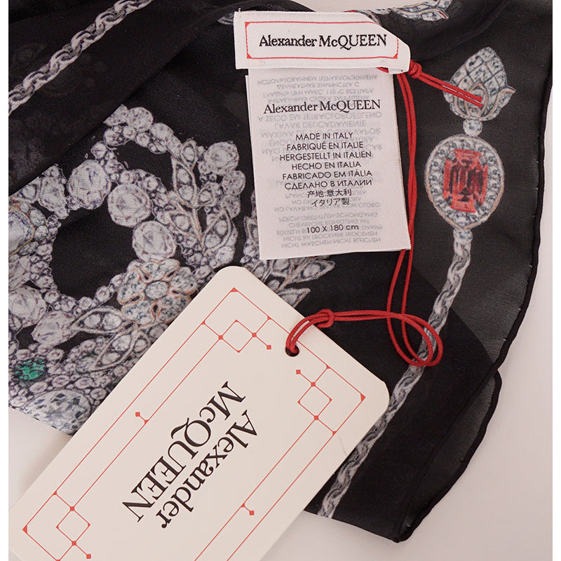 NEW $795 ALEXANDER MCQUEEN Black Gemstone TREASURE SKELETON Silk Chiffon SCARF