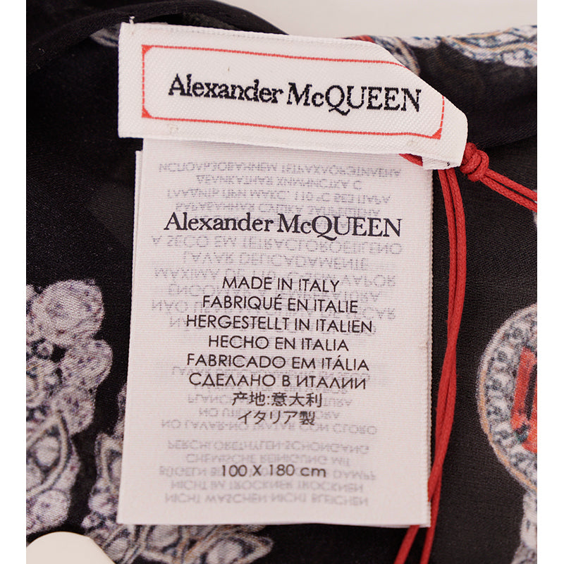 NEW $795 ALEXANDER MCQUEEN Black Gemstone TREASURE SKELETON Silk Chiffon SCARF