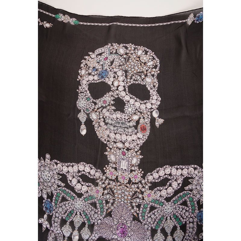 NEW $795 ALEXANDER MCQUEEN Black Gemstone TREASURE SKELETON Silk Chiffon SCARF