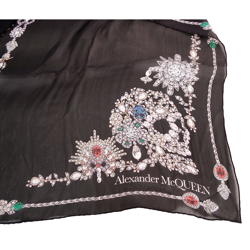 NEW $795 ALEXANDER MCQUEEN Black Gemstone TREASURE SKELETON Silk Chiffon SCARF