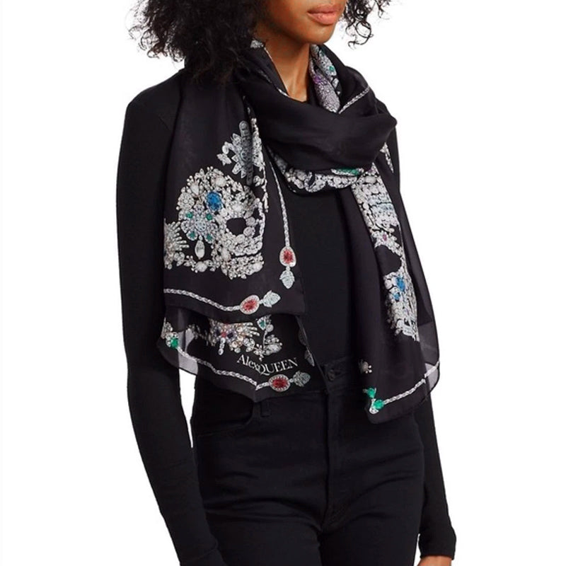 NEW $795 ALEXANDER MCQUEEN Black Gemstone TREASURE SKELETON Silk Chiffon SCARF