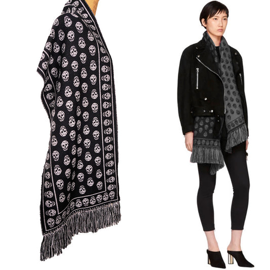 NEW $395 ALEXANDER MCQUEEN 100% Wool Black Reversible SKULL Jacquard Knit SCARF