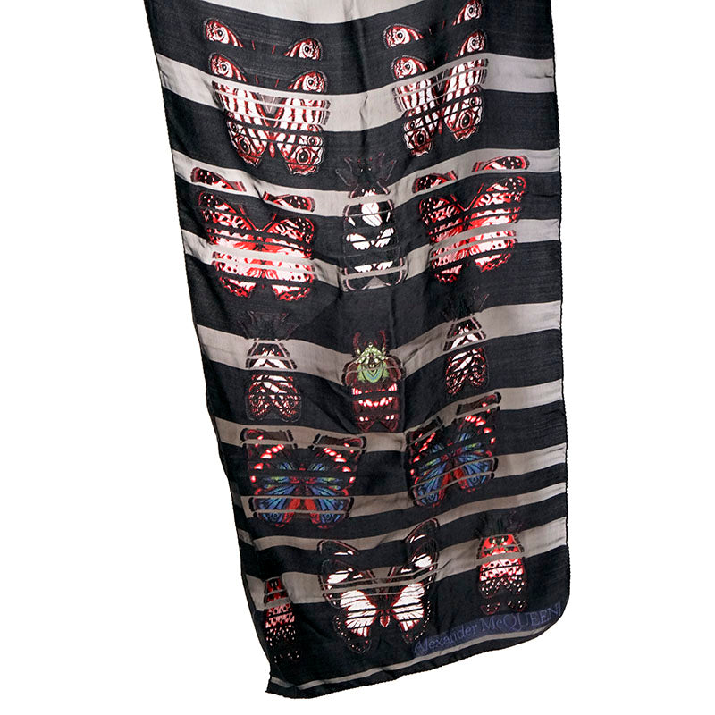 NEW $525 ALEXANDER MCQUEEN Black Glitched BUTTERFLY & MOTH Striped Long SCARF