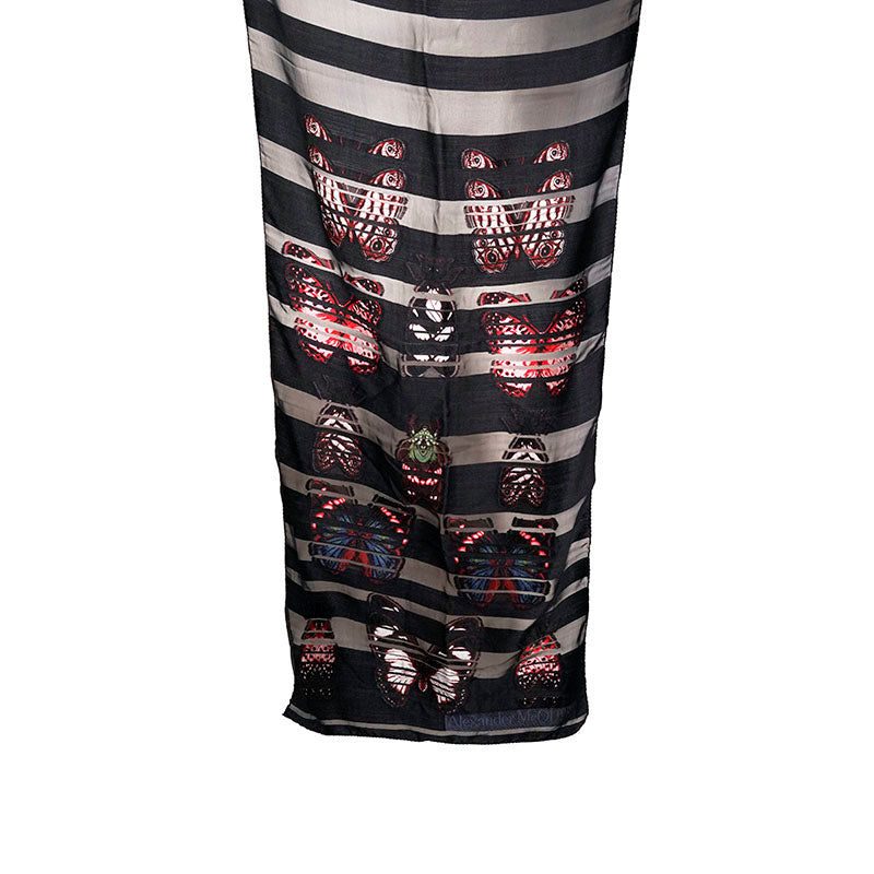 NEW $525 ALEXANDER MCQUEEN Black Glitched BUTTERFLY & MOTH Striped Long SCARF