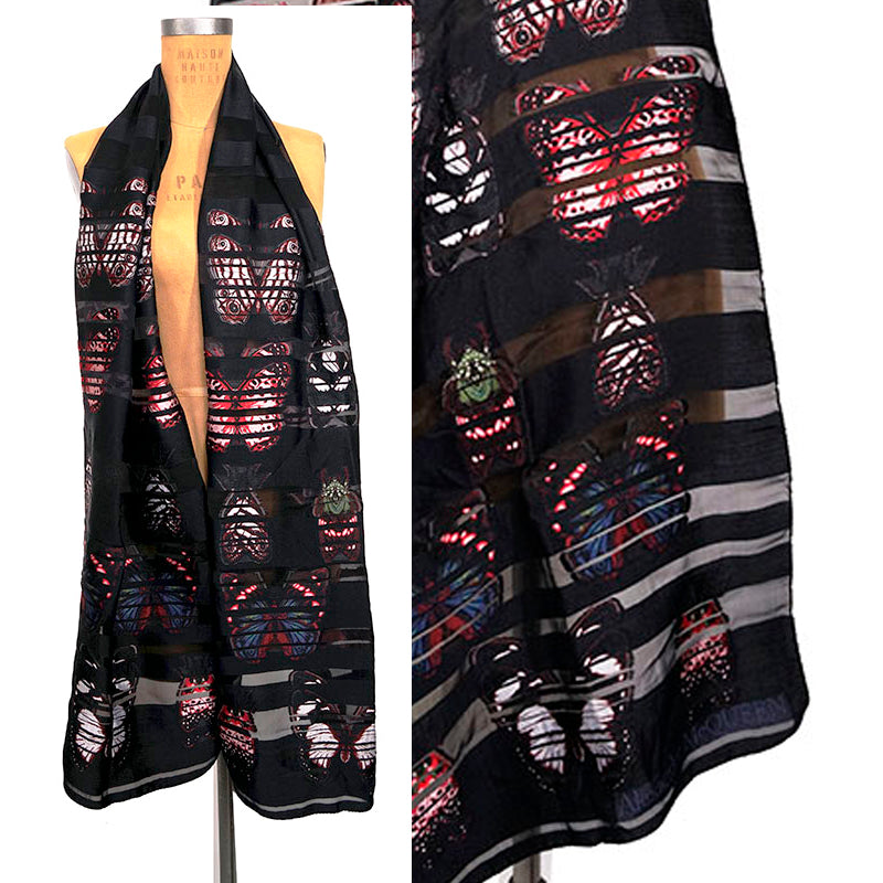 NEW $525 ALEXANDER MCQUEEN Black Glitched BUTTERFLY & MOTH Striped Long SCARF