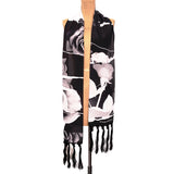 NEW $530 ALEXANDER MCQUEEN Black White TORN ROSES PRINT Silk Tasseled SCARF NWT