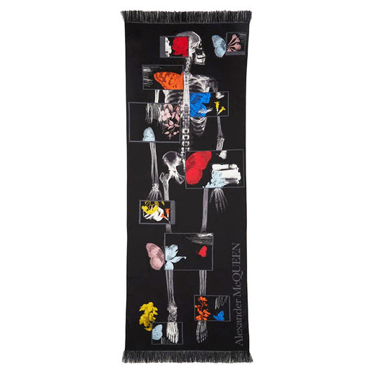 NEW $1080 ALEXANDER MCQUEEN Black BOTANICAL SKELETON Skull BUTTERFLY Wool SCARF