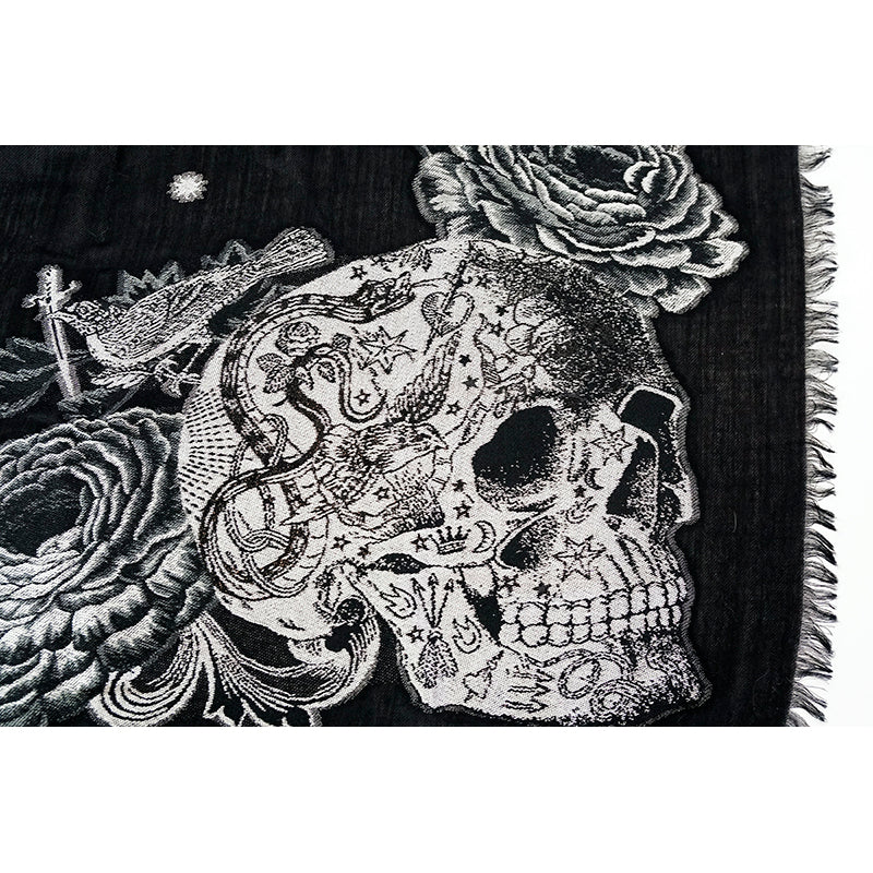 NEW $570 ALEXANDER MCQUEEN Black TATTOO SKULL Wool Silk WISPY 55" x 55" SCARF