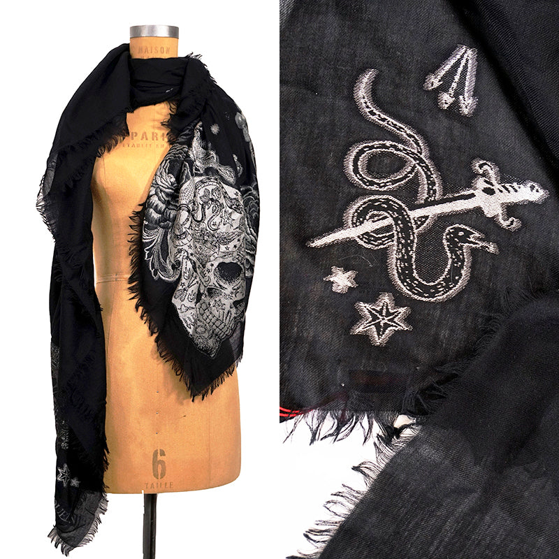 ALEXANDER MCQUEEN★素敵!Black TATTOO SKULL WISPY SCARF NEW $570 ALEXANDER MCQUEEN Black TATTOO SKULL Wool Silk
