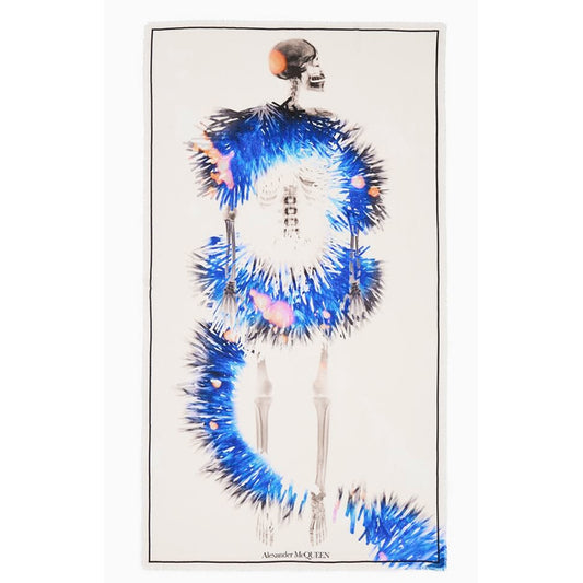 NEW $820 ALEXANDER MCQUEEN Ivory & Blue Wool RAFFIA SKELETON Print Stole SCARF