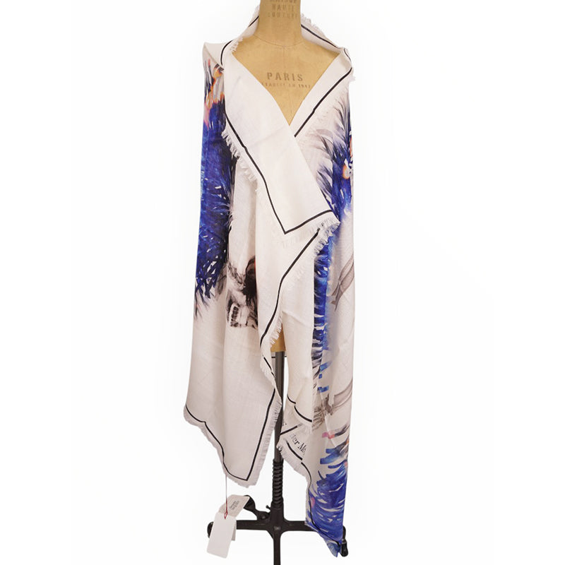 NEW $820 ALEXANDER MCQUEEN Ivory & Blue Wool RAFFIA SKELETON Print Stole SCARF