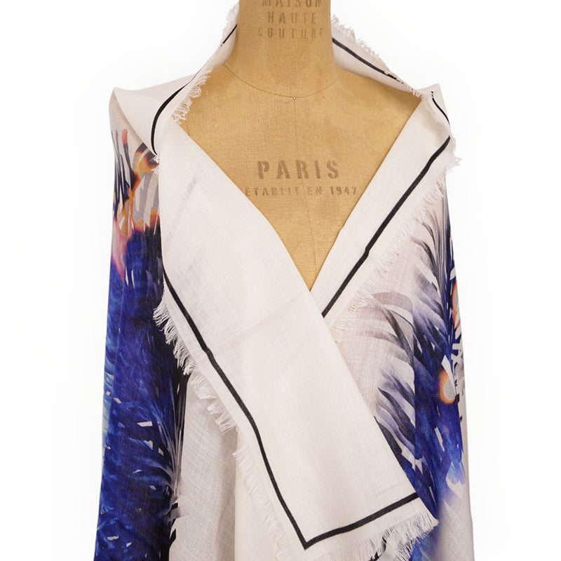 NEW $820 ALEXANDER MCQUEEN Ivory & Blue Wool RAFFIA SKELETON Print Stole SCARF