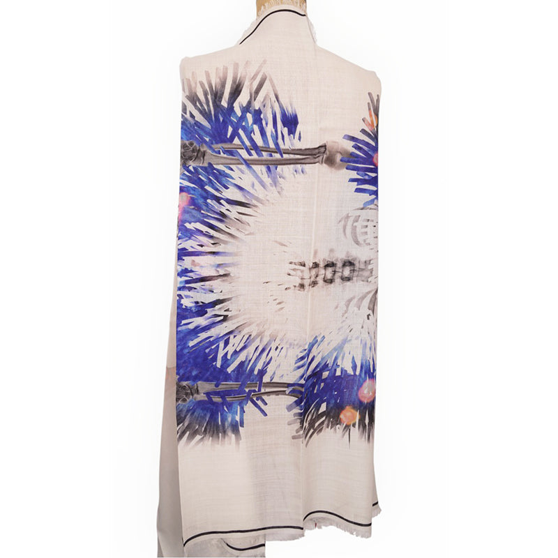 NEW $820 ALEXANDER MCQUEEN Ivory & Blue Wool RAFFIA SKELETON Print Stole SCARF