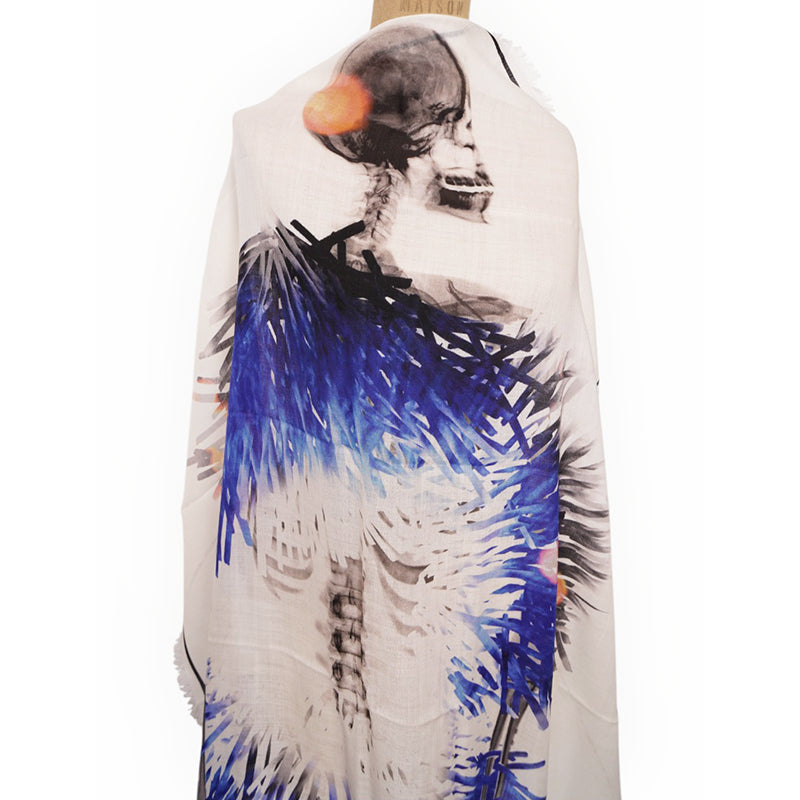 NEW $820 ALEXANDER MCQUEEN Ivory & Blue Wool RAFFIA SKELETON Print Stole SCARF
