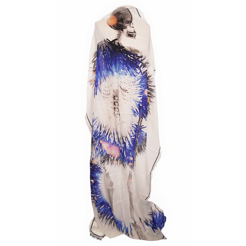 NEW $820 ALEXANDER MCQUEEN Ivory & Blue Wool RAFFIA SKELETON Print Stole SCARF