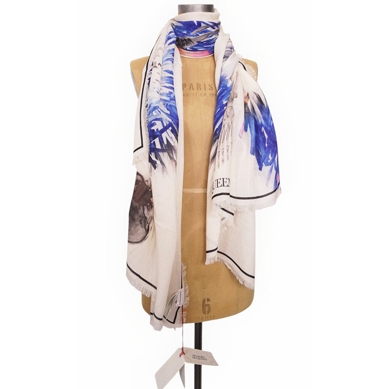 NEW $820 ALEXANDER MCQUEEN Ivory & Blue Wool RAFFIA SKELETON Print Stole SCARF