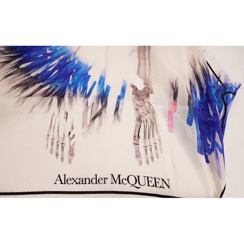 NEW $820 ALEXANDER MCQUEEN Ivory & Blue Wool RAFFIA SKELETON Print Stole SCARF