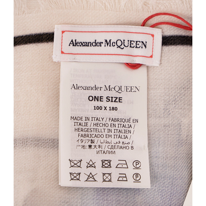 NEW $820 ALEXANDER MCQUEEN Ivory & Blue Wool RAFFIA SKELETON Print Stole SCARF