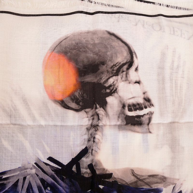 NEW $820 ALEXANDER MCQUEEN Ivory & Blue Wool RAFFIA SKELETON Print Stole SCARF