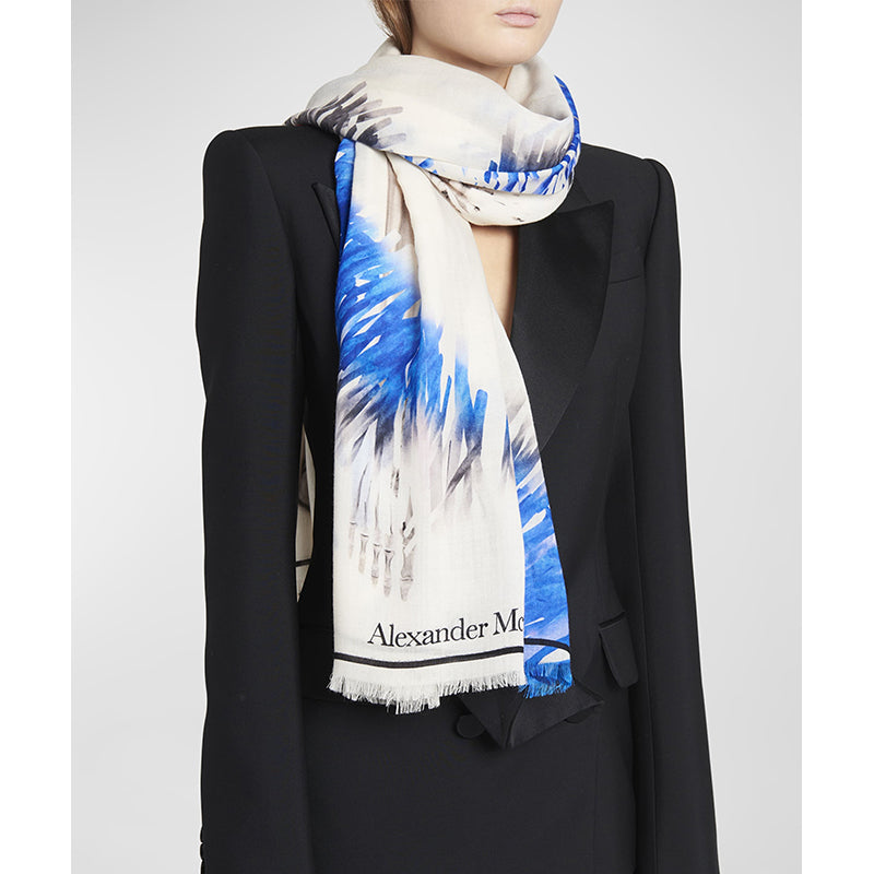 NEW $820 ALEXANDER MCQUEEN Ivory & Blue Wool RAFFIA SKELETON Print Stole SCARF