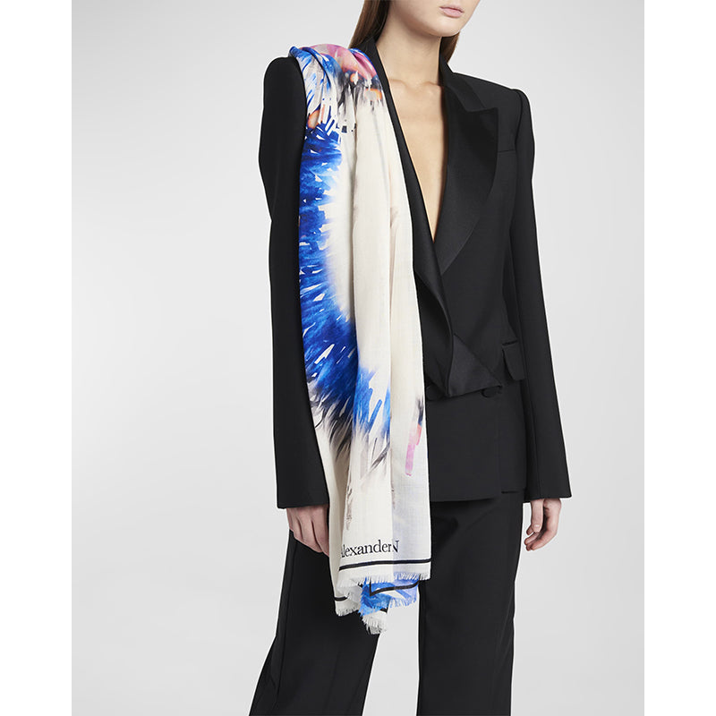 NEW $820 ALEXANDER MCQUEEN Ivory & Blue Wool RAFFIA SKELETON Print Stole SCARF