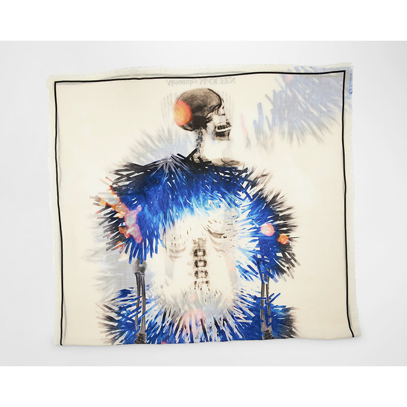 NEW $820 ALEXANDER MCQUEEN Ivory & Blue Wool RAFFIA SKELETON Print Stole SCARF