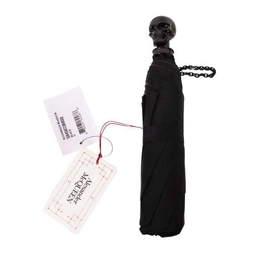 NEW $550 ALEXANDER MCQUEEN Black Glossy SKULL-HANDLE Compact Travel UMBRELLA NIB