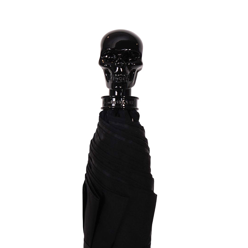 NEW $550 ALEXANDER MCQUEEN Black Glossy SKULL-HANDLE Compact Travel UMBRELLA NIB