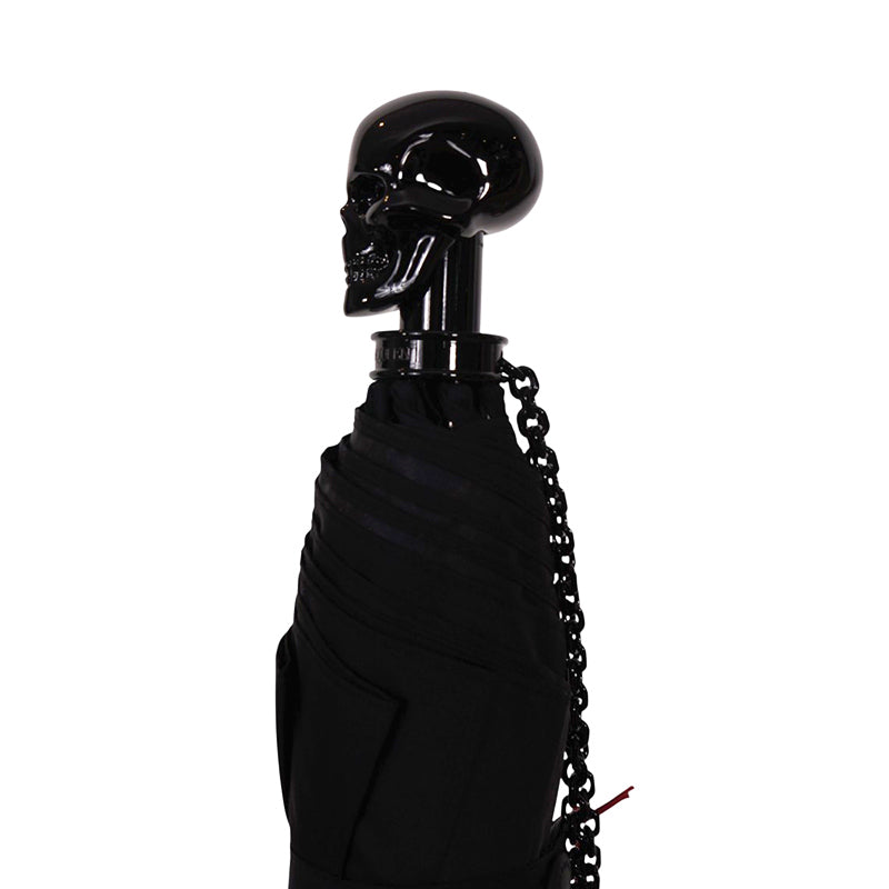 NEW $550 ALEXANDER MCQUEEN Black Glossy SKULL-HANDLE Compact Travel UMBRELLA NIB