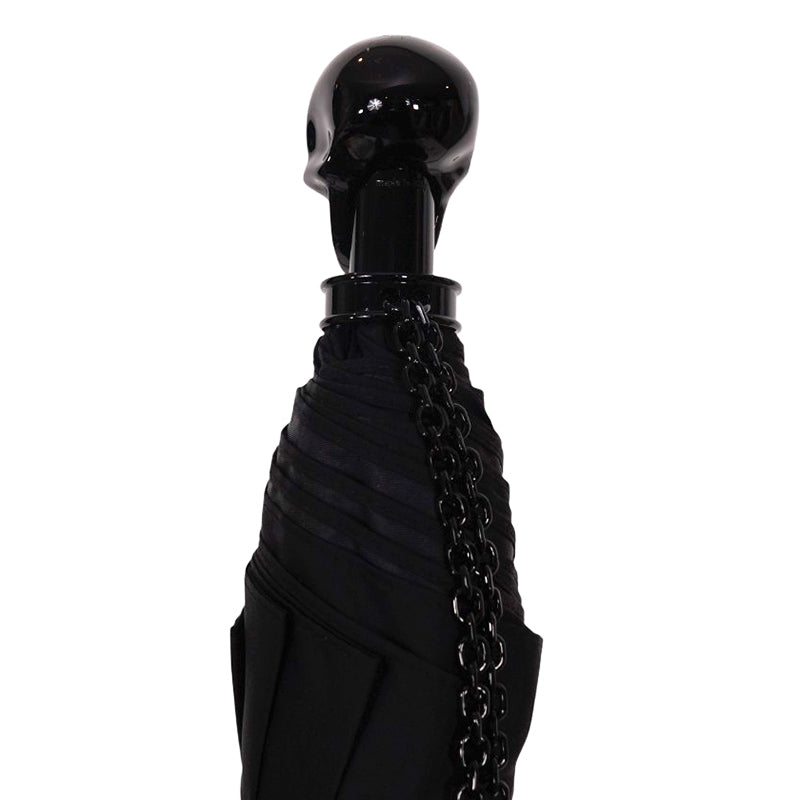 NEW $550 ALEXANDER MCQUEEN Black Glossy SKULL-HANDLE Compact Travel UMBRELLA NIB