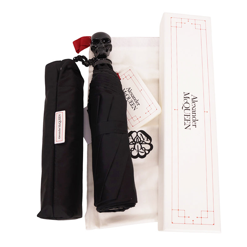 NEW $550 ALEXANDER MCQUEEN Black Glossy SKULL-HANDLE Compact Travel UMBRELLA NIB