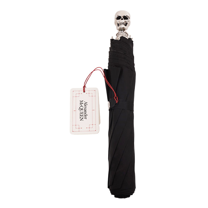 NEW $620 ALEXANDER MCQUEEN Silver Metal SKULL-HANDLE Compact Travel UMBRELLA NIB