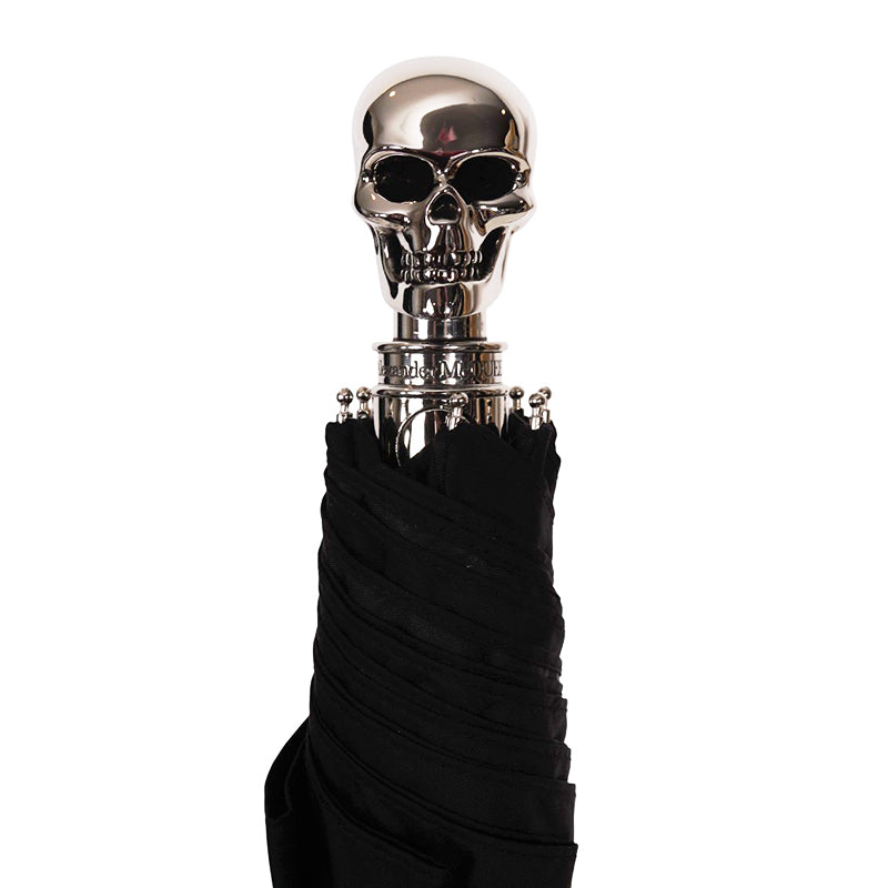 NEW $620 ALEXANDER MCQUEEN Silver Metal SKULL-HANDLE Compact Travel UMBRELLA NIB
