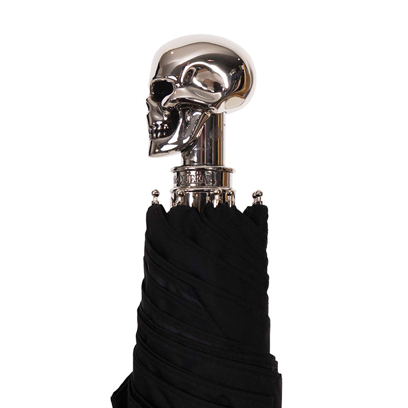 NEW $620 ALEXANDER MCQUEEN Silver Metal SKULL-HANDLE Compact Travel UMBRELLA NIB