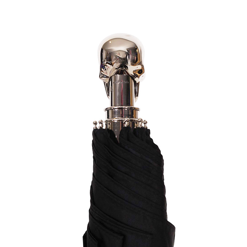 NEW $620 ALEXANDER MCQUEEN Silver Metal SKULL-HANDLE Compact Travel UMBRELLA NIB
