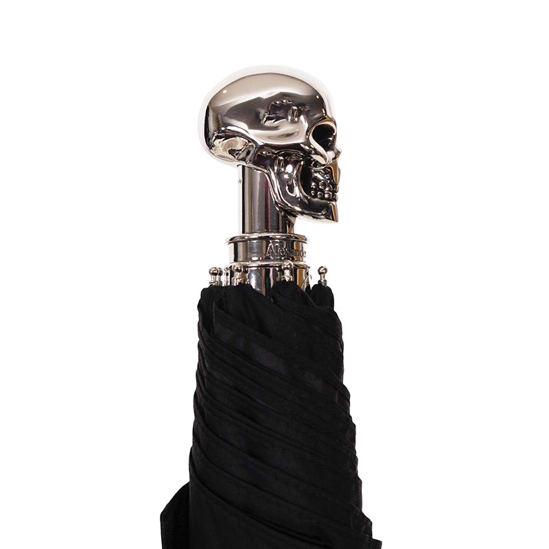 NEW $620 ALEXANDER MCQUEEN Silver Metal SKULL-HANDLE Compact Travel UMBRELLA NIB