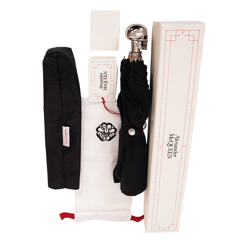 NEW $620 ALEXANDER MCQUEEN Silver Metal SKULL-HANDLE Compact Travel UMBRELLA NIB