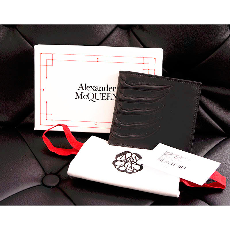 NEW ALEXANDER MCQUEEN Mens Black Leather RIB CAGE Gothic Bi-Fold RARE WALLET NWT