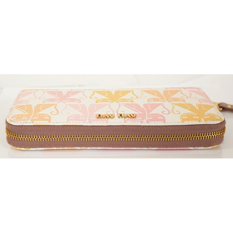 NEW $995 MIU MIU White Leather MADRAS CAT PRINT Zip Around LARGE Clutch WALLET