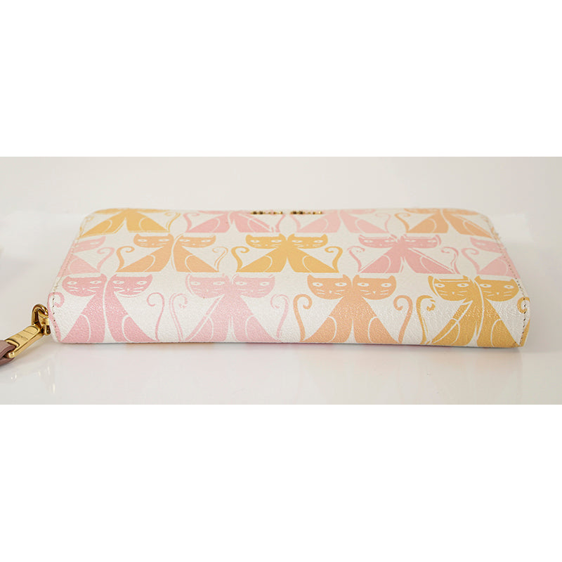 NEW $995 MIU MIU White Leather MADRAS CAT PRINT Zip Around LARGE Clutch WALLET
