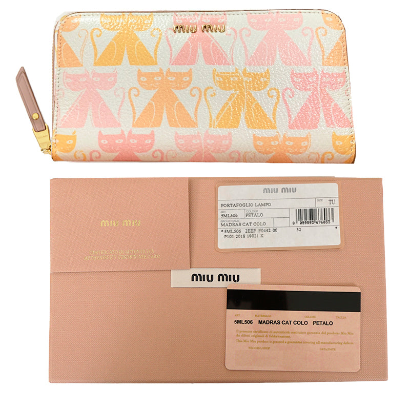 NEW $995 MIU MIU White Leather MADRAS CAT PRINT Zip Around LARGE Clutch WALLET