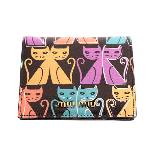 NEW $675 MIU MIU Black Leather MADRAS CAT PRINT Snap Small Bifold Woman's WALLET