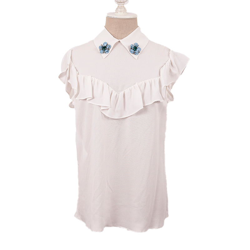 NEW $1,170 MIU MIU White Ruffled Bib Flutter Sleeves FLOWER BROOCH COLLAR BLOUSE