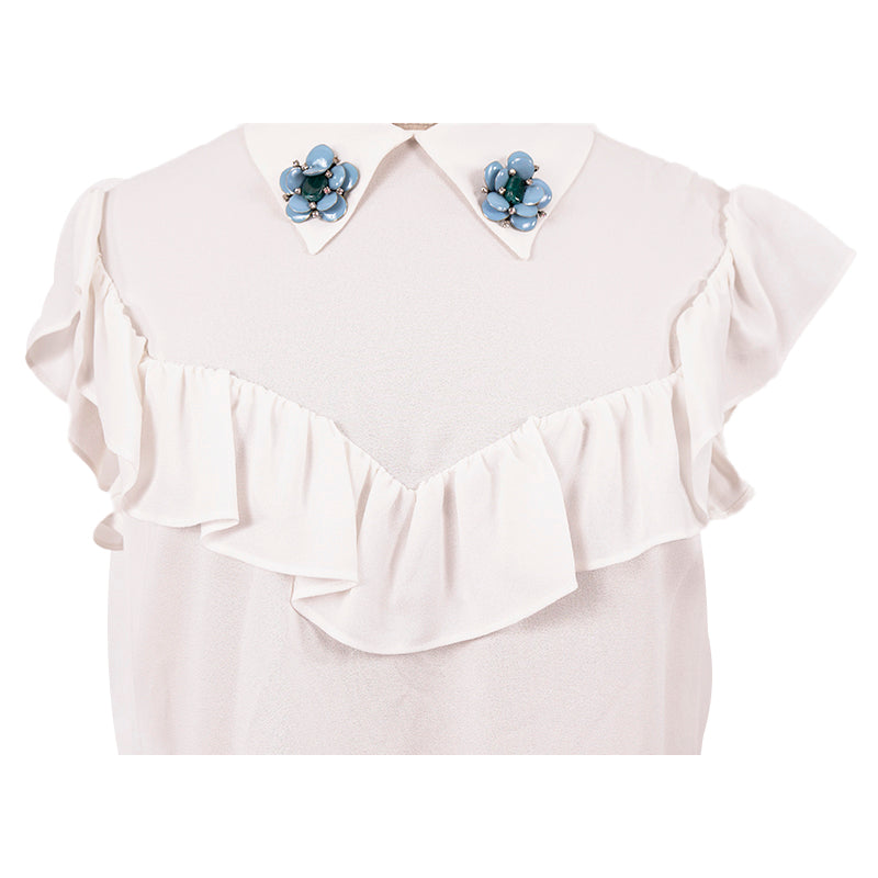 NEW $1,170 MIU MIU White Ruffled Bib Flutter Sleeves FLOWER BROOCH COLLAR BLOUSE