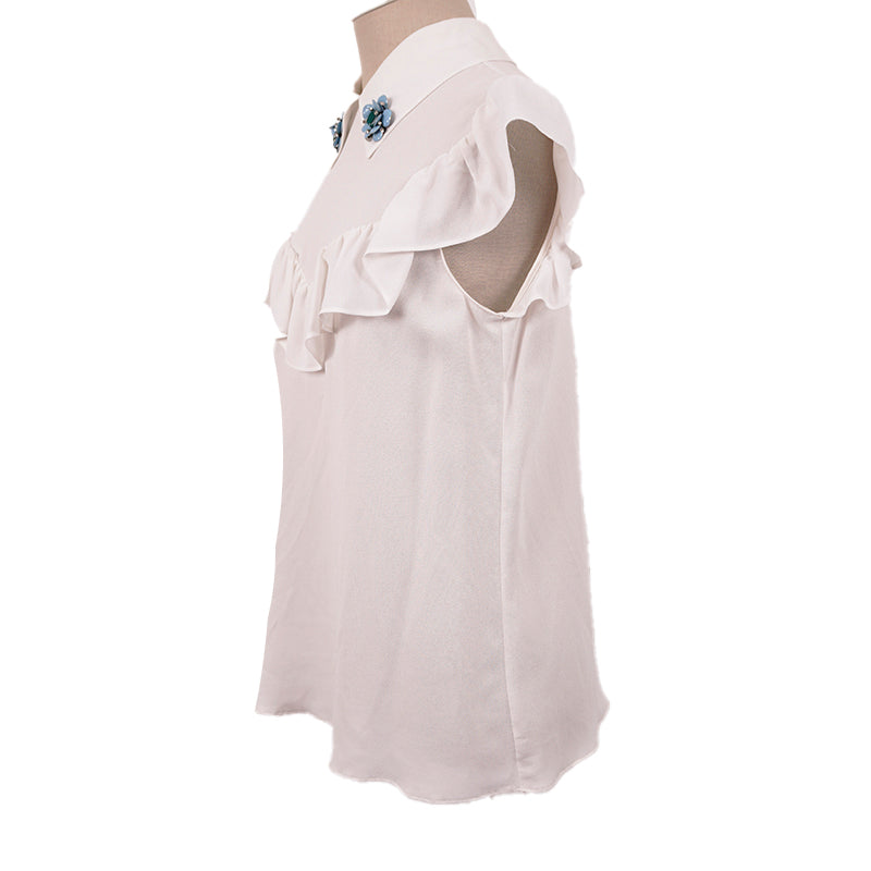 NEW $1,170 MIU MIU White Ruffled Bib Flutter Sleeves FLOWER BROOCH COLLAR BLOUSE