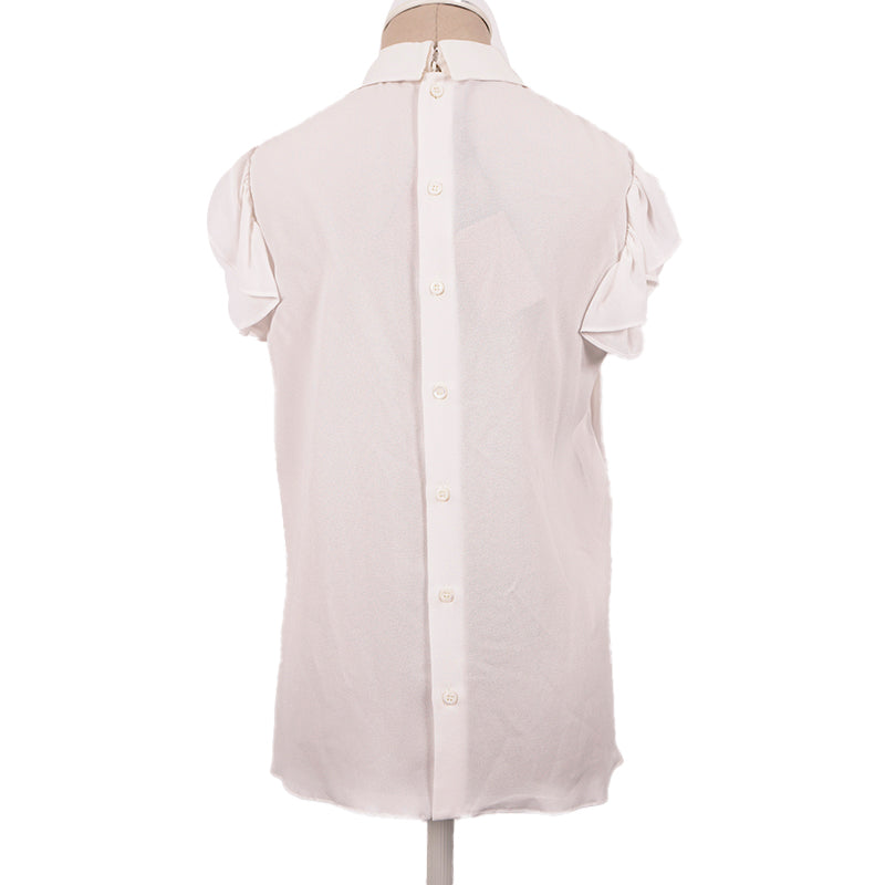 NEW $1,170 MIU MIU White Ruffled Bib Flutter Sleeves FLOWER BROOCH COLLAR BLOUSE