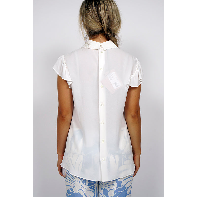 NEW $1,170 MIU MIU White Ruffled Bib Flutter Sleeves FLOWER BROOCH COLLAR BLOUSE