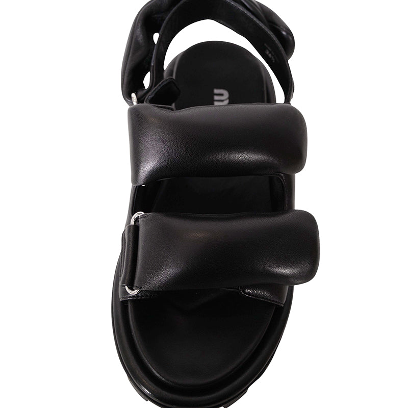 36.5 NEW $1,050 MIU MIU Black PUFFY SUPPLE LEATHER Rugged Rubber Sole SANDALS